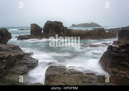 Godrevy Leuchtturm am West Cornwall, England, Vereinigtes Königreich im Februar Stockfoto