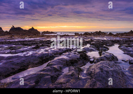 Felsvorsprung ausgesetzt bei Ebbe am Duckpool auf das Erbe von North Cornwall, England. Stockfoto