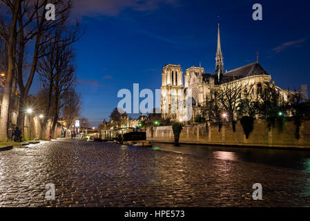 Notre-Dame de Paris und Seine Fluss zur blauen Stunde Stockfoto