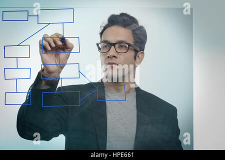 Geschäftsmann zeichnen einen leeren Flussdiagramm auf Glas Stockfoto