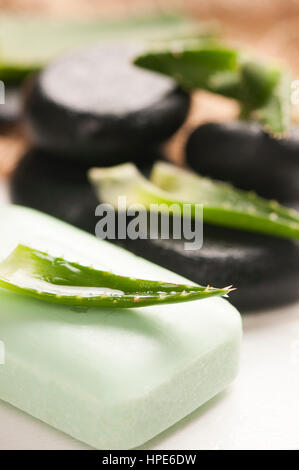 Aloe Vera Seife mit massage Stein Stockfoto