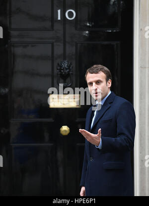 Französischen Präsidentschaftskandidaten Emmanuel Macron kommt in 10 Downing Street, London, wo er Premierminister Theresa May zu Gesprächen traf. Stockfoto