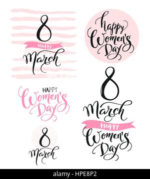 8. März. Glückliche Frauen Tag. Sammlung von schönen handgeschriebenen Worte und handgezeichneten Elementen in rosa Farbe. Vektor-Illustration für Banner, Header, Grußkarten, Poster, Postkarte, Einladung. Stock Vektor