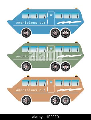 Satz von Amphibien Bus oder Land und Wasser, Reisebus, isoliert auf weißem Hintergrund Stock Vektor