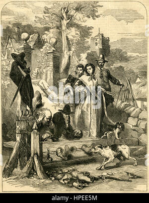 Antike 1854 Gravieren, sitzen in den Beständen. QUELLE: ORIGINAL GRAVUR. Stockfoto