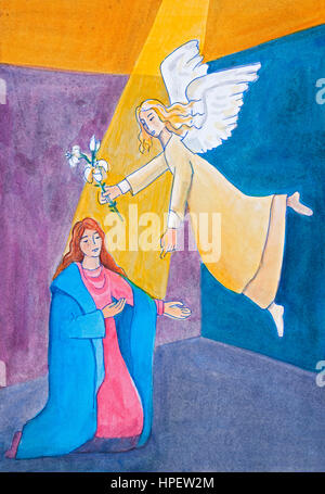 Bilder von Regine Martin, gemischte Technik, "Angel Gabriel", "Jungfrau Maria", Predigt die "Geburt Jesu" biblische Geschichte Stockfoto