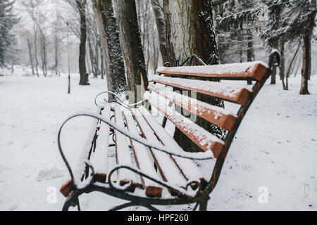 Bild von dekorativen Schmiedeeisen Holzbank mit Schnee und Eis. Stockfoto