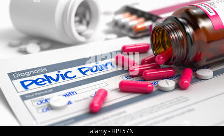 Schmerzen im Beckenbereich - handschriftliche Diagnose in den Auszug aus der Geschichte der Krankheit. Medizinisches Konzept mit Blister mit roten Pillen, Ansicht, selektiven Fokus schließen Stockfoto