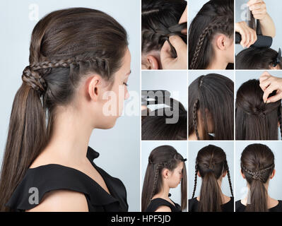 Volumen-Frisur-Pferdeschwanz mit Zopf Tutorial. Frisur für lange Haare. Frisur-tutorial Stockfoto