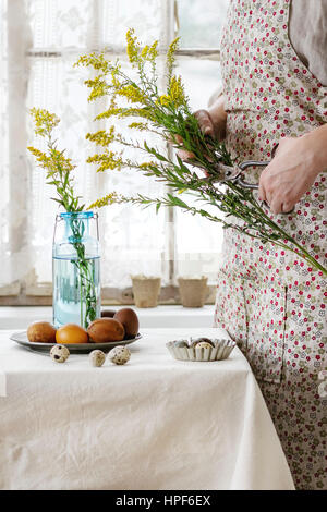Vorbereitung auf Ostern. Weibliche Hände schneiden von alten Schere gelbe Blüten in der Nähe von weißen Tischdecke Tisch dekoriert braune Hühner und Wachteln farbige eastr Stockfoto