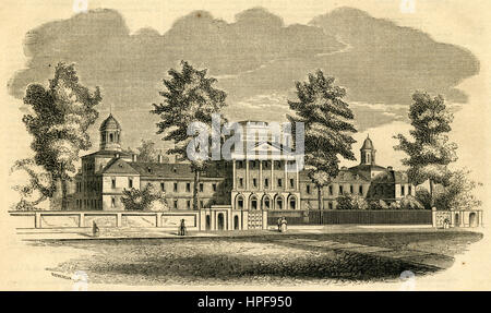 Antike 1854 Gravur, Pennsylvania Hospital auf Pine Street, Philadelphia. Pennsylvania Hospital ist eine private, gemeinnützige, 534-Bett Lehrkrankenhaus in Center City Philadelphia und der University of Pennsylvania Gesundheitssystem angegliedert. Gegründet am 11. Mai 1751, durch Benjamin Franklin und Dr. Thomas Bond, ist Pennsylvania Hospital der 2. älteste Krankenhaus in den Vereinigten Staaten. QUELLE: ORIGINAL GRAVUR. Stockfoto