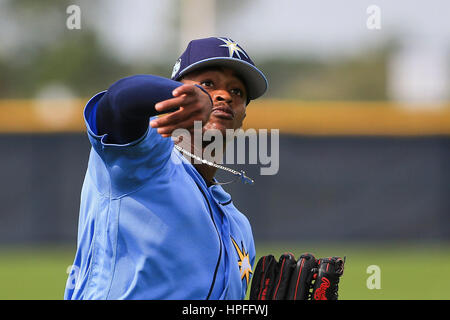 Port Charlotte, Florida, USA. 21. Februar 2017. WILL VRAGOVIC | Times.Tampa Bay Strahlen Outfielder Mallex Smith (0) spielt fangen während des Spring Training Trainings bei Charlotte Sportpark in Port Charlotte, Florida auf Dienstag, 21. Februar 2017. Bildnachweis: Willen Vragovic/Tampa Bay Times / ZUMA Draht/Alamy Live News Stockfoto