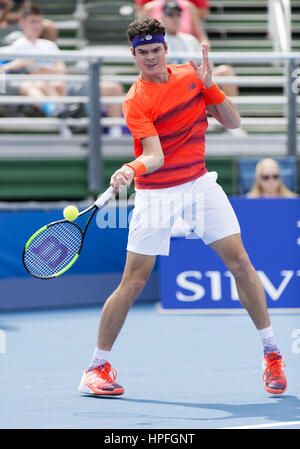 Delray Beach, FL, USA. 21. Februar 2017. DELRAY BEACH, FL - Februar 21: Milos Raonic(CAN) in Aktion hier besiegt Tim Smyczek(USA) 61 64 in 2017 Delray Beach öffnen ATP 250 Ereignis in gehalten in Delray Beach, Florida. Bildnachweis: Andrew Patron/Zuma Draht Credit: Andrew Patron/ZUMA Draht/Alamy Live-Nachrichten Stockfoto