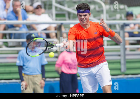 Delray Beach, FL, USA. 21. Februar 2017. DELRAY BEACH, FL - Februar 21: Milos Raonic(CAN) in Aktion hier besiegt Tim Smyczek(USA) 61 64 in 2017 Delray Beach öffnen ATP 250 Ereignis in gehalten in Delray Beach, Florida. Bildnachweis: Andrew Patron/Zuma Draht Credit: Andrew Patron/ZUMA Draht/Alamy Live-Nachrichten Stockfoto