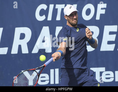 Delray Beach, FL, USA. 21. Februar 2017. DELRAY BEACH, FL - 21 Februar: Steve Johnson(USA) in Aktion hier besiegt Stefan Kozlov(USA) 61 64 in 2017 Delray Beach öffnen ATP 250 Ereignis in gehalten in Delray Beach, Florida. Bildnachweis: Andrew Patron/Zuma Draht Credit: Andrew Patron/ZUMA Draht/Alamy Live-Nachrichten Stockfoto