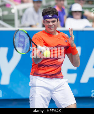 Delray Beach, FL, USA. 21. Februar 2017. DELRAY BEACH, FL - Februar 21: Milos Raonic(CAN) in Aktion hier besiegt Tim Smyczek(USA) 61 64 in 2017 Delray Beach öffnen ATP 250 Ereignis in gehalten in Delray Beach, Florida. Bildnachweis: Andrew Patron/Zuma Draht Credit: Andrew Patron/ZUMA Draht/Alamy Live-Nachrichten Stockfoto