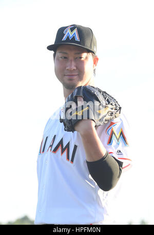 Jupiter, Florida, USA. 18. Februar 2017. Junichi Tazawa (Marlins) MLB: Miami Marlins Foto Day in Jupiter, Florida, Vereinigte Staaten von Amerika. Bildnachweis: AFLO/Alamy Live-Nachrichten Stockfoto