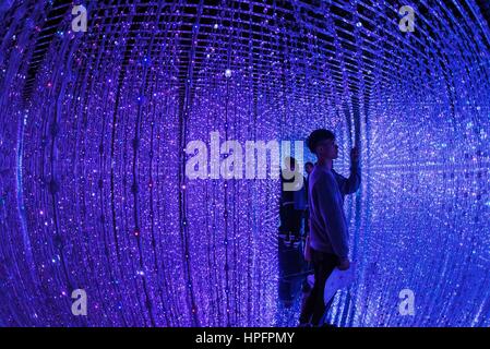 Taipeh. 22. Februar 2017. Menschen besuchen "Tanz! Kunstausstellung "von japanischen Team Lab am Huashan 1914 Creative Park in Taipei, 22. Februar 2017. Bildnachweis: Ou Dongqu/Xinhua/Alamy Live-Nachrichten Stockfoto