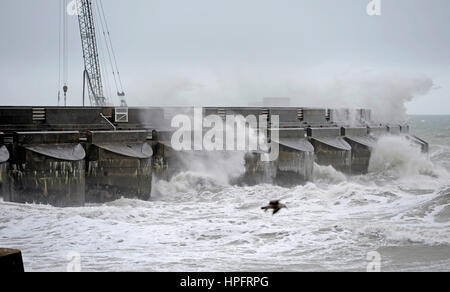 Brighton, UK. 22. Februar 2017. Wellen Absturz über die Brighton Marina westlichen Arm bei starkem Wind heute als Sturm Doris Köpfe in Richtung Großbritannien in den nächsten Tagen. Bildnachweis: Simon Dack/Alamy Live-Nachrichten Stockfoto