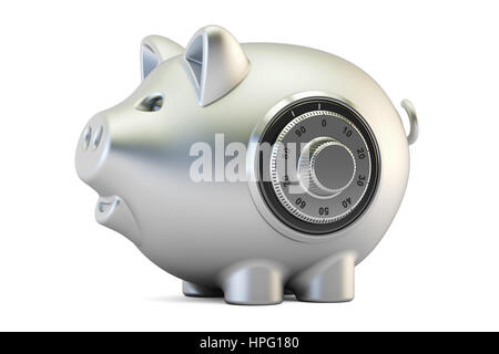 metallische Sparschwein mit sicheren Zahlenschloss Zifferblatt 3D-Rendering isolierten auf weißen Hintergrund Stockfoto