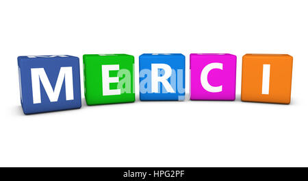 Merci Wort und Zeichen auf bunten Würfel isoliert auf weißem Hintergrund. Stockfoto