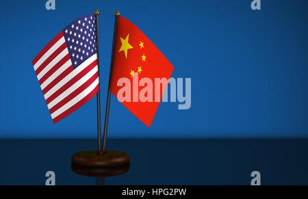 Vereinigte Staaten von Amerika Flagge und Chinese Desk Fahnen 3D Illustration. Stockfoto