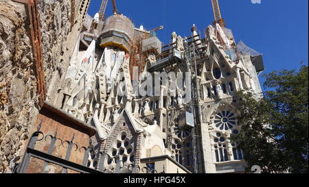 Innere der Sagrada Familia, Barcelona, Spanien mit Glasfenster Stockfoto