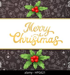 Frohe Weihnachten. Xmas-Karte mit Gold Schriftzug Inschrift und Holly auf schwarzem Hintergrund mit Bäumen, Kugeln, Schlitten, Geschenke deckt. Schriftart-Vektor-Illustration. Stock Vektor