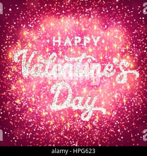 Valentinstag-Grußkarte oder Banner mit glänzenden Bokeh verschwommen Herzen, glitzernde Konfetti und funkelt. Romantische Poster mit Hand Schriftzug Text auf rosa Glitter-Hintergrund. Schriftart-Vektor-Illustration. Stock Vektor