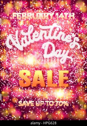 Valentinstag Verkauf Plakat Vorlage auf abstrakte Bokeh rosa Hintergrund mit Herzen, Sternen und Kreisen. Rabatt-Banner mit 3d weiße Hand Schriftzug Text. Schriftart-Vektor-Illustration. EPS10 Stock Vektor