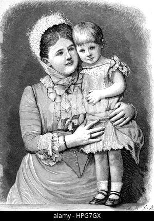 Adelheid Emma Wilhelmina Theresia von Waldeck und Pyrmont, wurde 1858-1934, Königin der Niederlande und Großherzogin von Luxemburg mit ihr einziges Kind, die zukünftige Königin Wilhelmina, digital verbesserte Wiedergabe von einem Holzschnitt aus dem Jahr 1885 Stockfoto