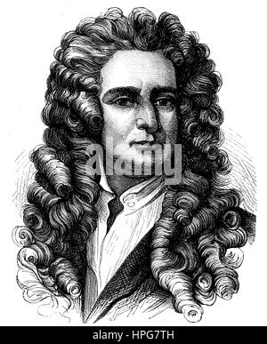 Sir Isaac Newton, war 1642-1726, ein englischer Mathematiker, Astronom und Physiker, natürlicher Philosoph, der weithin als einer der einflussreichsten Wissenschaftler aller Zeiten und eine Schlüsselfigur in der wissenschaftlichen Revolution, digital verbesserte Wiedergabe von einem Holzschnitt aus dem Jahr 1885 anerkannt ist Stockfoto