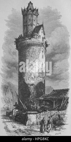 Der Runde Turm, Runder Turm von Andernach in Deutschland ist ein großer Wehrturm, der Stadt halten und Schauinsland aus dem 15. Jahrhundert und eine ehemalige Uhr Turm der Stadtbefestigung an der nordwestlichen Ecke der mittelalterlichen Stadtmauer, digital verbessert Reproduktion von einem Holzschnitt aus dem Jahr 1885 Stockfoto