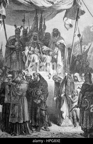 Nach der Eroberung von Jerusalem lässt Saladin der Gefangenen Christen vorbei, Saladin l?? t Nach der Festspielbeginn von Jerusalem sterben Gefangenen Christen eine Sitsch Vor? Berziehen. An-Nasir Salah Ad-Din Yusuf ibn Ayyub, bekannt als Saladin, 1137-1193, war der erste Sultan von Ägypten und Syrien und der Gründer der Dynastie ayyubidische, digital verbesserte Wiedergabe von einem Holzschnitt aus dem Jahr 1885 Stockfoto