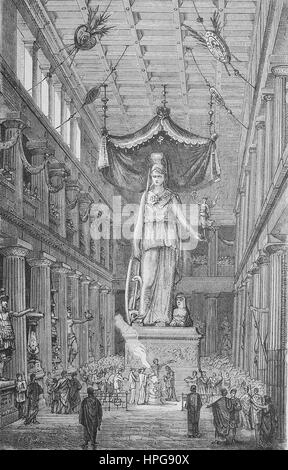 Athena in den Parthenon in Athen, Griechenland, Athene Im Inneren des Parthenon in Athen, Griechenland, verbesserte digitale Reproduktion von einem Holzschnitt aus dem Jahr 1885 Stockfoto