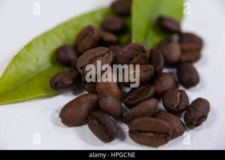 Gerösteter Kaffeebohnen mit Kaffee hinterlässt auf weißem Hintergrund Stockfoto