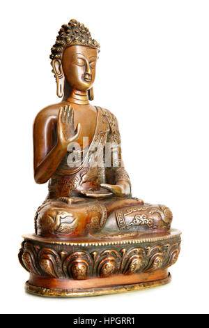 Figur des Segens, die Buddha auf dem weißen Hintergrund isoliert Stockfoto