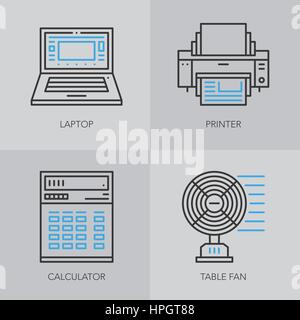 Einzigartige detaillierte dünne Linie Symbole für Unternehmen. Büro-Technik und elektronischer Geräte-Logo. Laptop, Drucker, Taschenrechner und Tabelle Fan. Vektor Interessenvertreter Stock Vektor