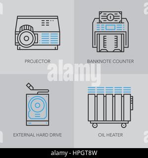 Einzigartige detaillierte dünne Linie Symbole für Unternehmen. Büro-Technik und elektronischer Geräte-Logo. Laptop, Drucker, Taschenrechner und Tabelle Fan. Vektor Interessenvertreter Stock Vektor