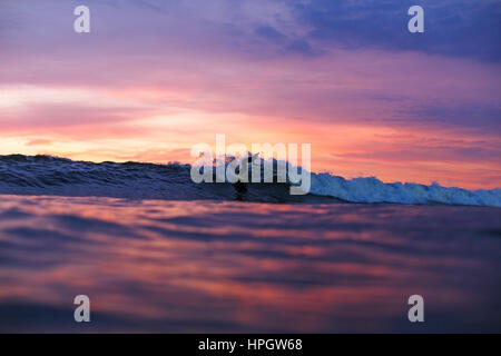 Surfer auf einer Welle eine Manöver bei Sonnenuntergang zu tun Stockfoto