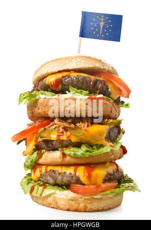 Frisch und lecker XXL Hamburger mit der Flagge von Indiana. (Serie) Stockfoto