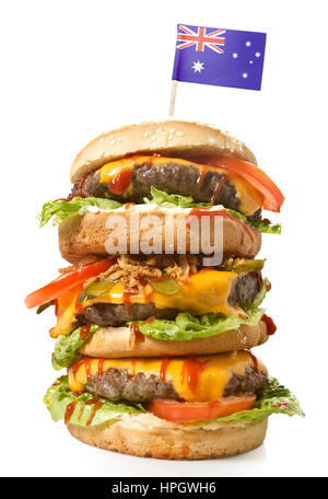 Frisch und lecker XXL Hamburger mit der Flagge von Australien. (Serie) Stockfoto