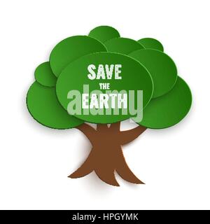 Speichern Sie die Erde Stempel auf Papier Schneiden Baum, Vektor-Eco-Konzept, Motivation-Karte für Earth Day, isolierte Design-element Stock Vektor