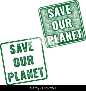 Zwei grüne realistische Vektor Save Our Planet Grunge Stempel isoliert auf weißem Hintergrund Stock Vektor