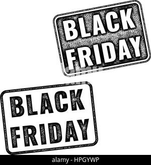 Zwei realistische Vektor-Black Friday Briefmarken isoliert auf weißem Hintergrund. Satz von Schwarz Abdrücke Ankündigung des jährlichen outlet Stock Vektor