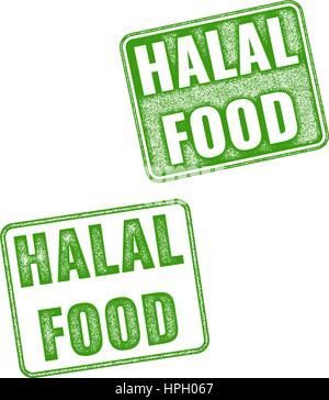 Satz von grünen realistische Vektor Halal Food Grunge Stempel isoliert auf weißem Hintergrund. Halal-Lebensmittel-Vektor-Stempel Stock Vektor