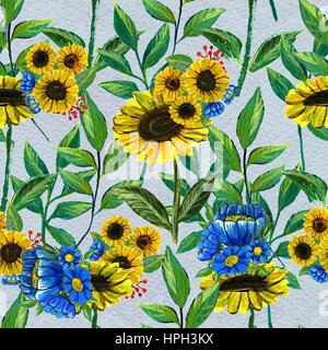 Nahtlose Muster mit Sonnenblumen und Wildblumen Stockfoto