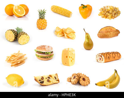 Alle gelb. Essen-Sammlung isoliert auf weiss Stockfoto
