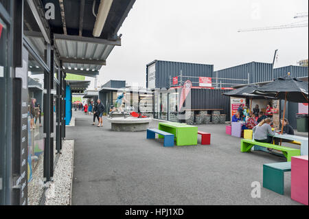 Christchurch, New Zealand - Februar 2016: Neustart "oder" Re: START Mall, ein Outdoor-Verkaufsfläche bestehend aus Geschäften und speichert in Containern Stockfoto