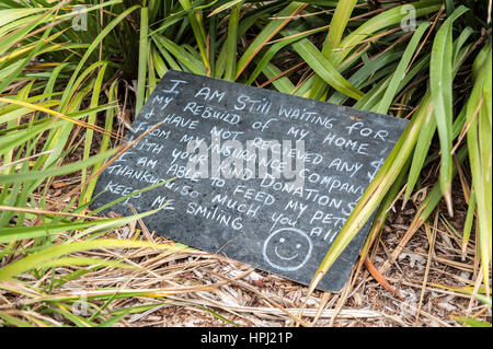 Christchurch, New Zealand - Februar 2016: eine Pinnwand geschrieben von einem Erdbeben-Opfer drängen für den Wiederaufbau nach Hause Stockfoto